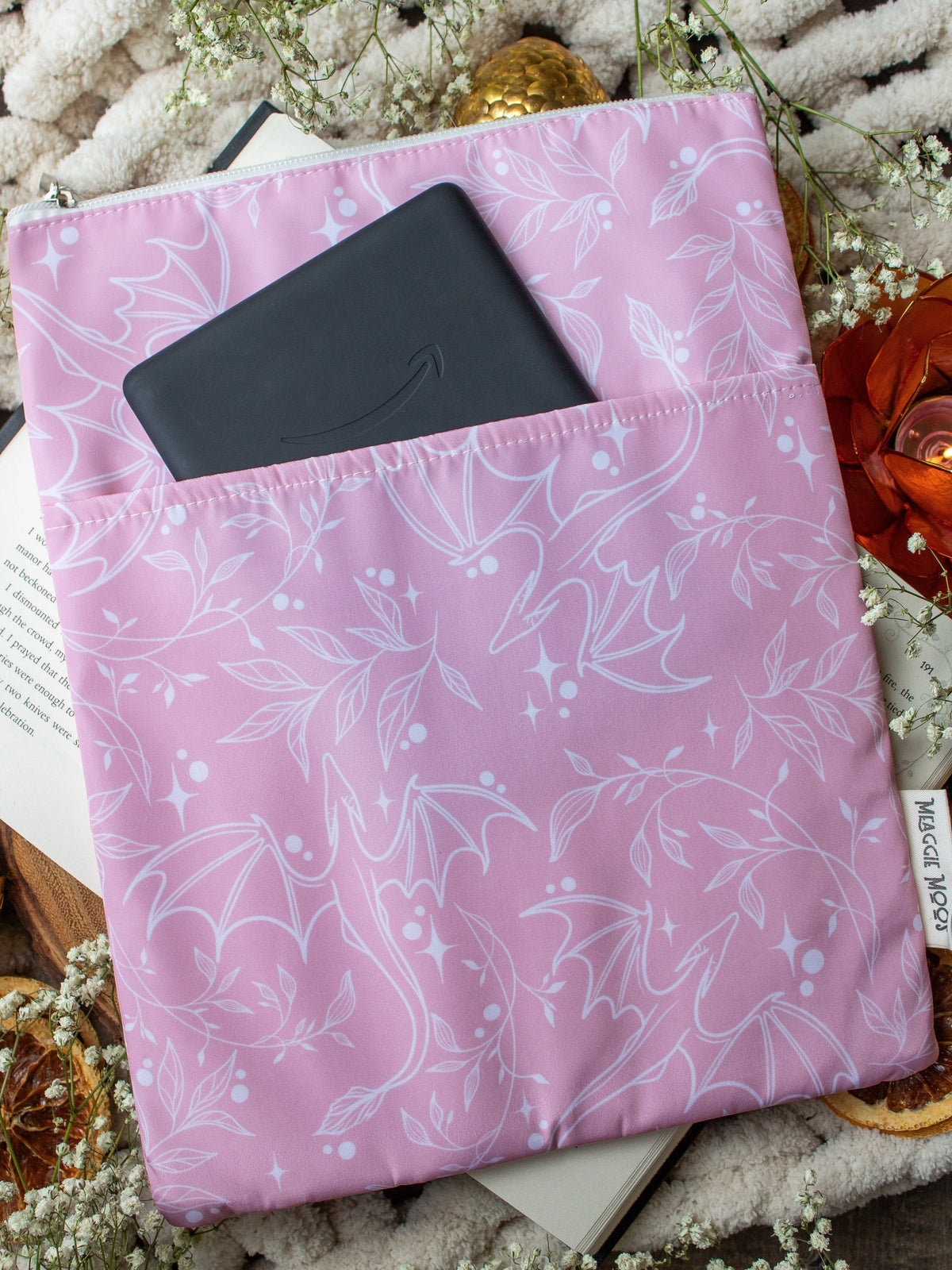 Water-Resistant Extra Large Book Sleeve | Pink Dragons