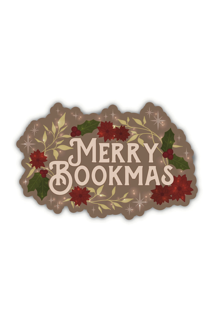 This "Merry Bookmas" Christmas bookish sticker has the text in a fun font in a light taupe on a dark taupe background surrounded by poinsettias, stars, and foliage.