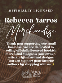 This features text over an image of a book in a basket. The text notes how this bookish merch is officially licensed by Rebecca Yarros for the Fourth Wing books. 