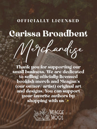 This features text over an image of a book in a basket. The text notes how this product is officially licensed by Carissa Broadbent for the Crowns of Nyaxia series / Serpent and The Wings of Night