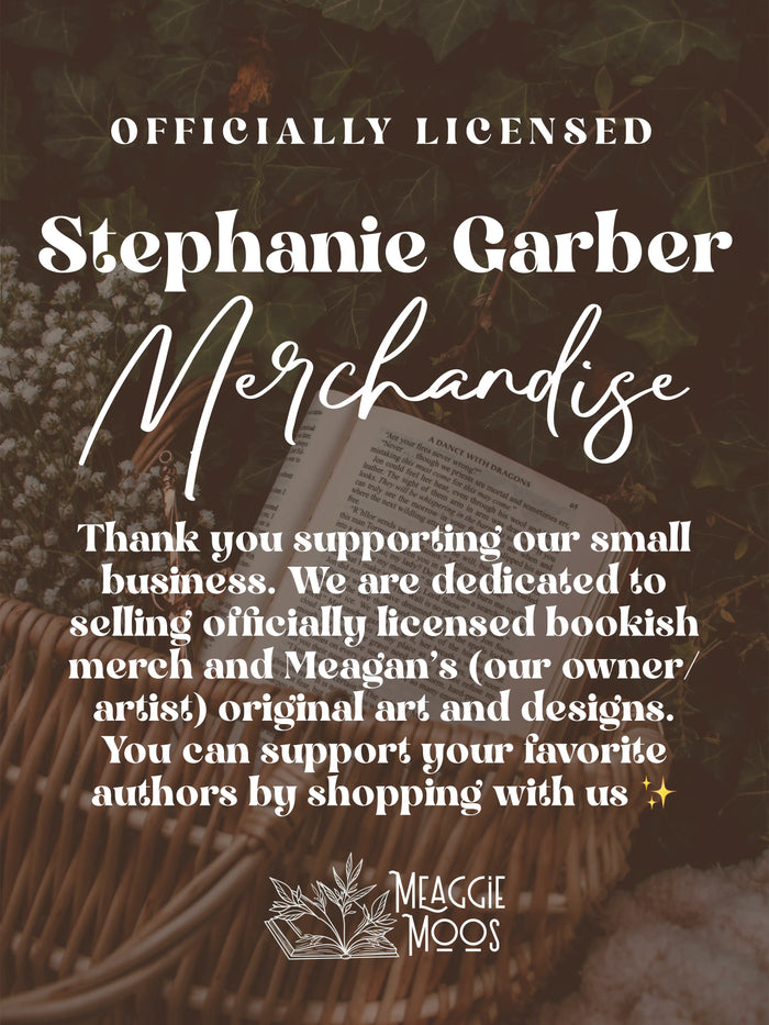 This is text over an image of a book in a basket, the text notes how this product is officially licensed by Stephanie Garber for the Caraval / Once Upon a Broken Heart series’.
