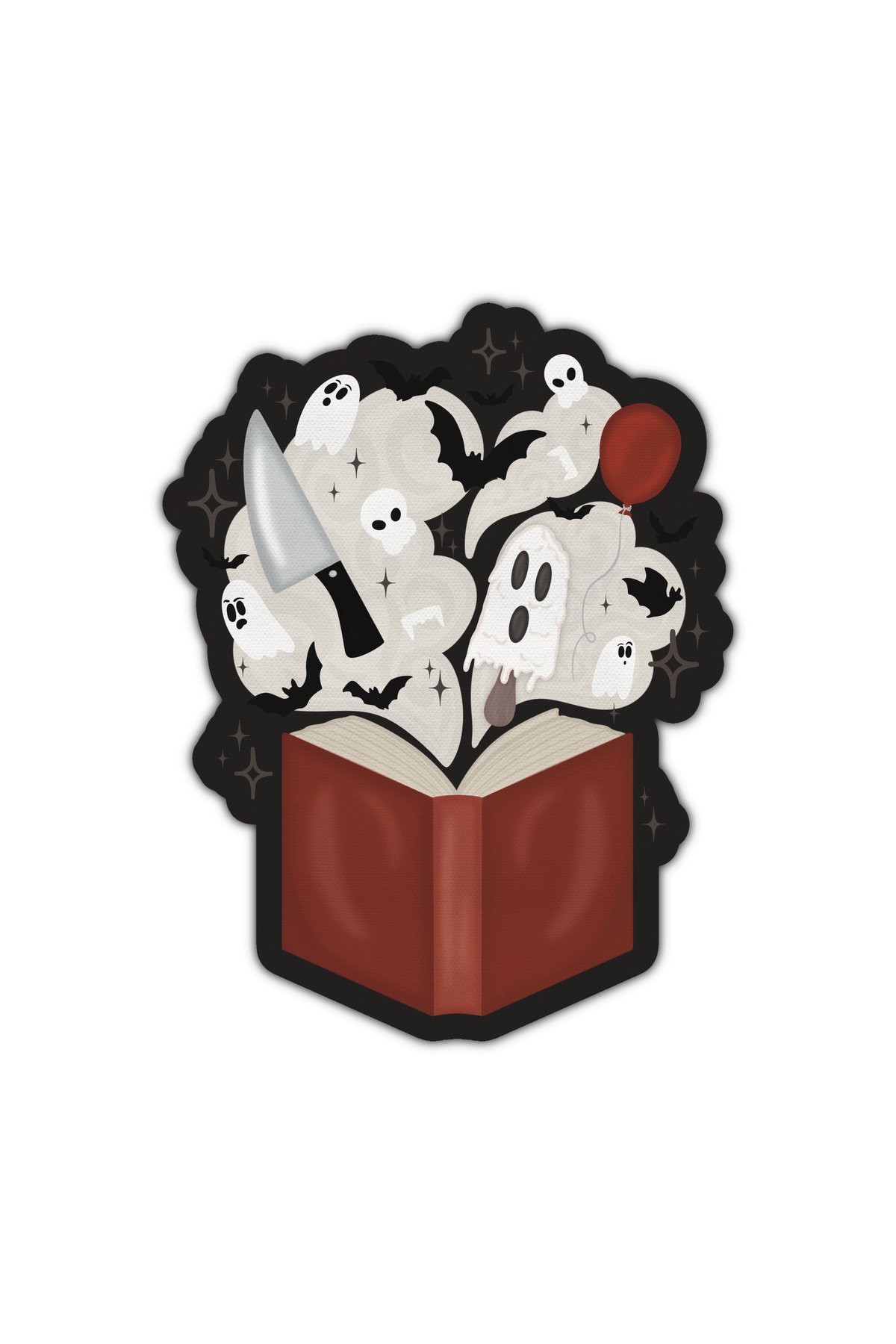 A red book with clouds and stars coming out of it, in the clouds are horror elements like a knife, a scream-faced ghost, a red balloon, vampire teeth, little ghosts, and bats. Shown on a white background