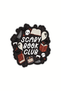 A sticker featuring the words "scary book club" in the center in white with horror reader elements surrounding them. Elements include a couple lil ghosties, skulls, knives, vampire teeth, books, bats, and blood drops. Shown on a white background