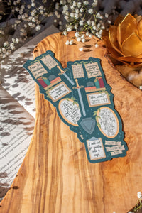 Bookmark inspired by the novel by Devney Perry. This bookmark is dark teal with frames on it with a bunch of different quotes from the book.

The bookmark is laid on an olive wood cutting board, sitting on an open book with little white flowers surrounding it.