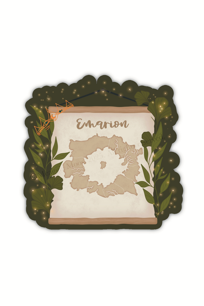 Spark of The Everflame Emarion Map Sticker. From The Kindred's Curse Saga by Penn Cole. This Licensed sticker has a dark green background with a banner showing a map of Emarion on it, with Diem's Lumnos crown hanging off the corner. 