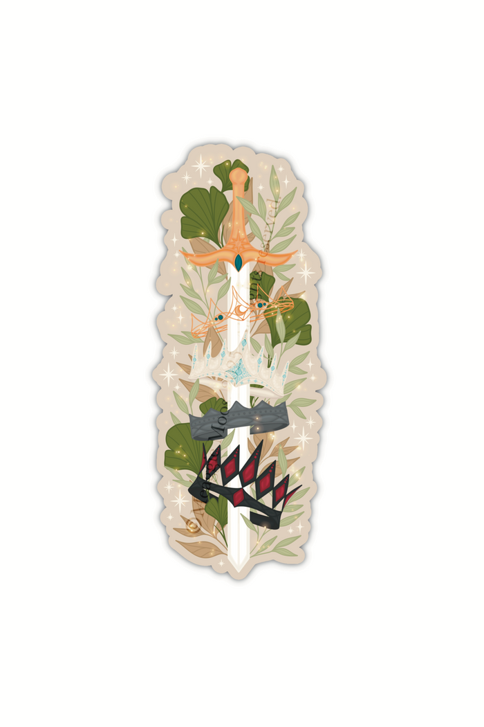Spark of The Everflame Diem's Crown Sword Sticker, Lunmos Crown, Montios Crown, Fortos Crown, Umbros Crown. From The Kindred's Curse Saga by Penn Cole. This officially licensed sticker is a sword on a light tan background, through the forementioned crowns. Surrounded by foliage. 