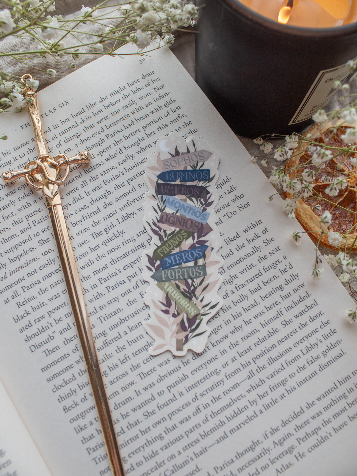 Spark of the Everflame Emarion Realms Location Sign Sticker, from the Kindred's Curse Saga by Penn Cole. This officially licensed sticker shows a location sign with different realms on wooden arrows pointing in different directions. A solid sticker with a beige background.  