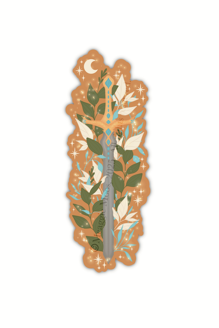 Spark of the Everflame Sword of Corbois waterproof and dishwasher safe vinyl sticker. From the Kindred's Curse Saga by Penn Cole. This officially licensed sticker is a dark metal sword, surrounded by foliage, on a burn orange background. 