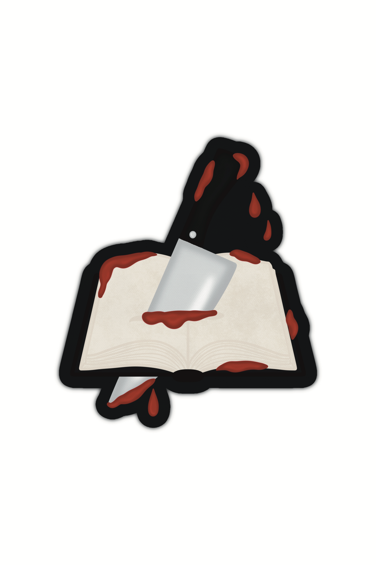 An open book on a black background being stabbed all the way through with a bloody knife. Bloody drips have gotten all over the book. Sticker shown on a white background