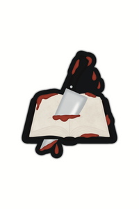 An open book on a black background being stabbed all the way through with a bloody knife. Bloody drips have gotten all over the book. Sticker shown on a white background
