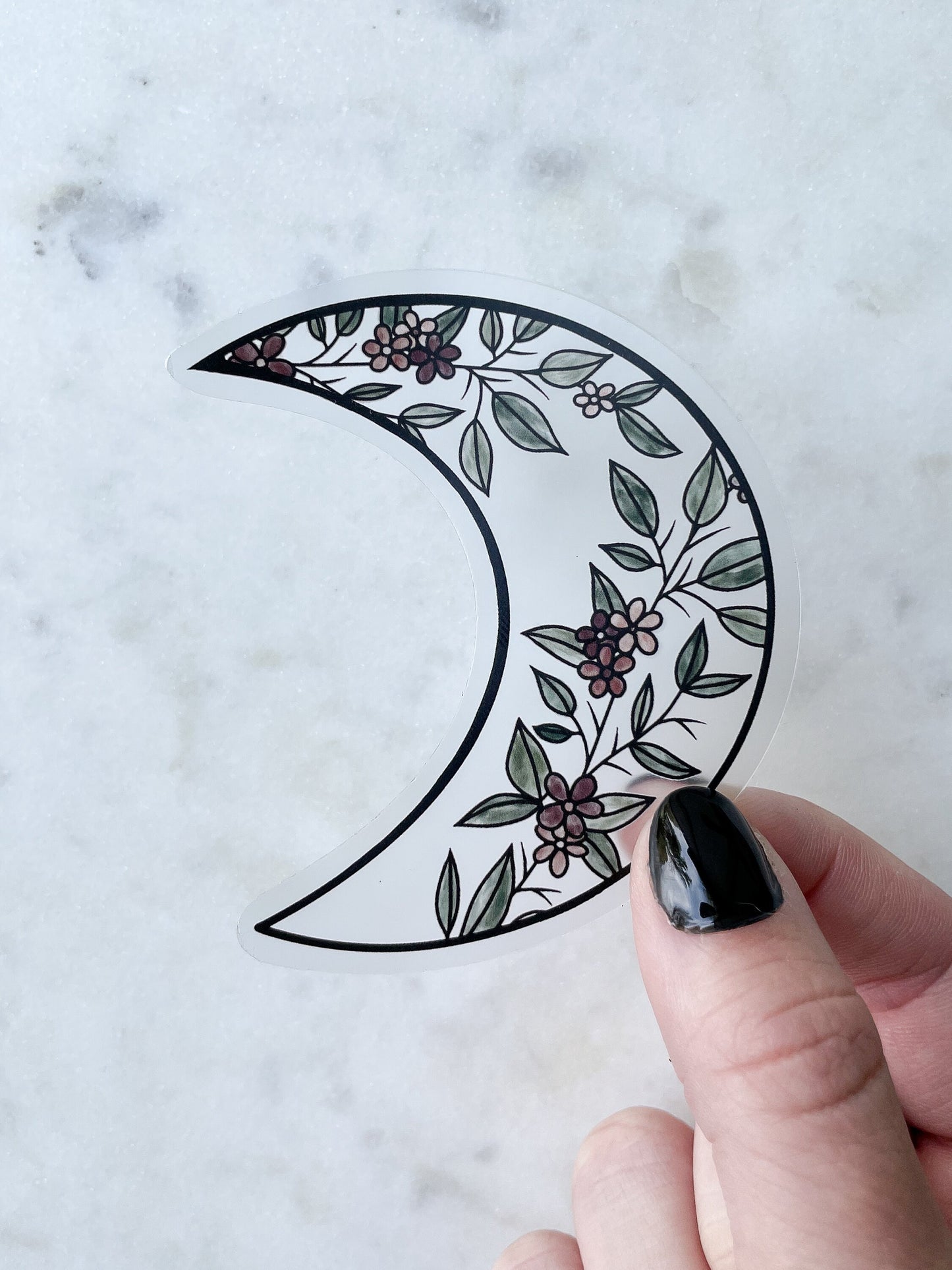 Black Watercolor Floral Moon Waterproof Sticker | 2.61"x3"