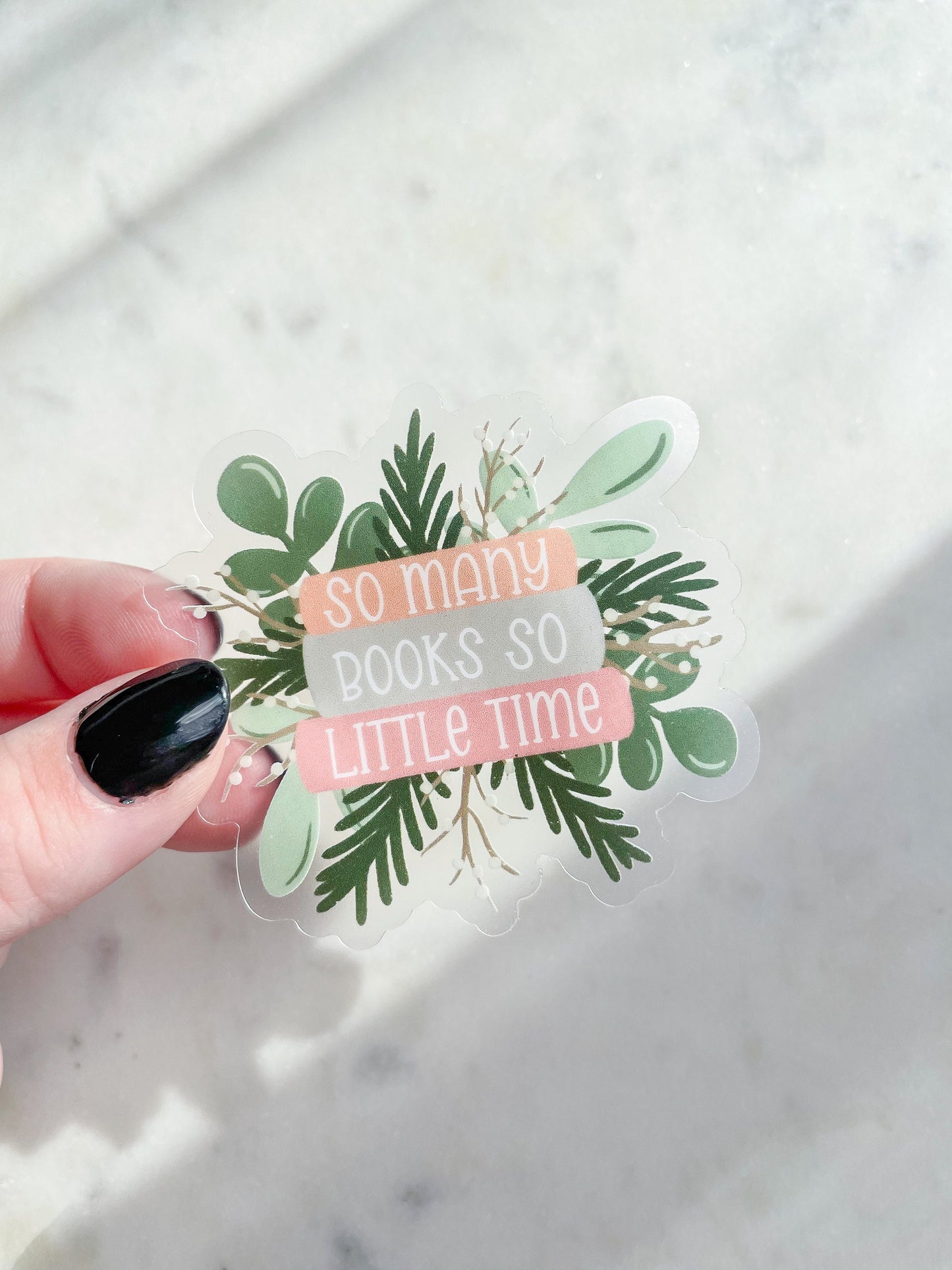 So Many Books So Little Time Floral Bookstack Waterproof Sticker | 2.5"x2.3"