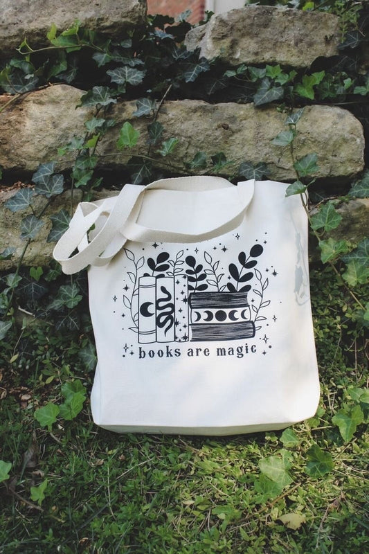 Books Are Magic Organic Cotton Canvas Tote Bag with Gusset | 12 OZ | 14.5"x14"x3 | Book Lover Market Bag | Bookish Merch Gifts | Bookworm