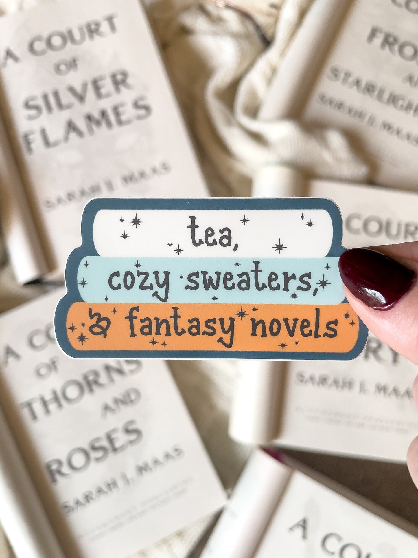 Tea, Cozy Sweaters, and Fantasy Novels Waterproof Sticker | 3" x 1.6"