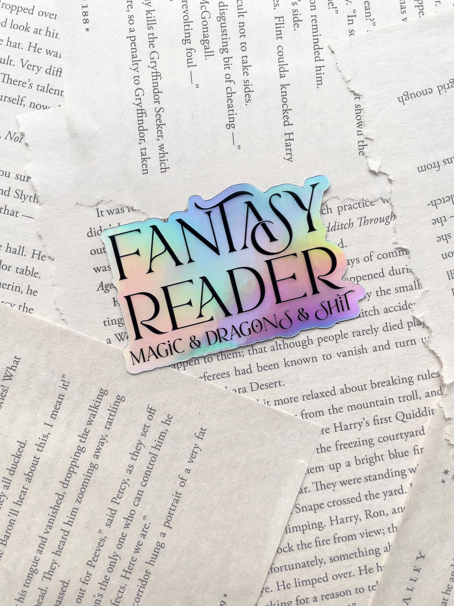 Fantasy Reader - Magic and  Dragons and Sh*t Holographic Waterproof Sticker | 3"x1.9"