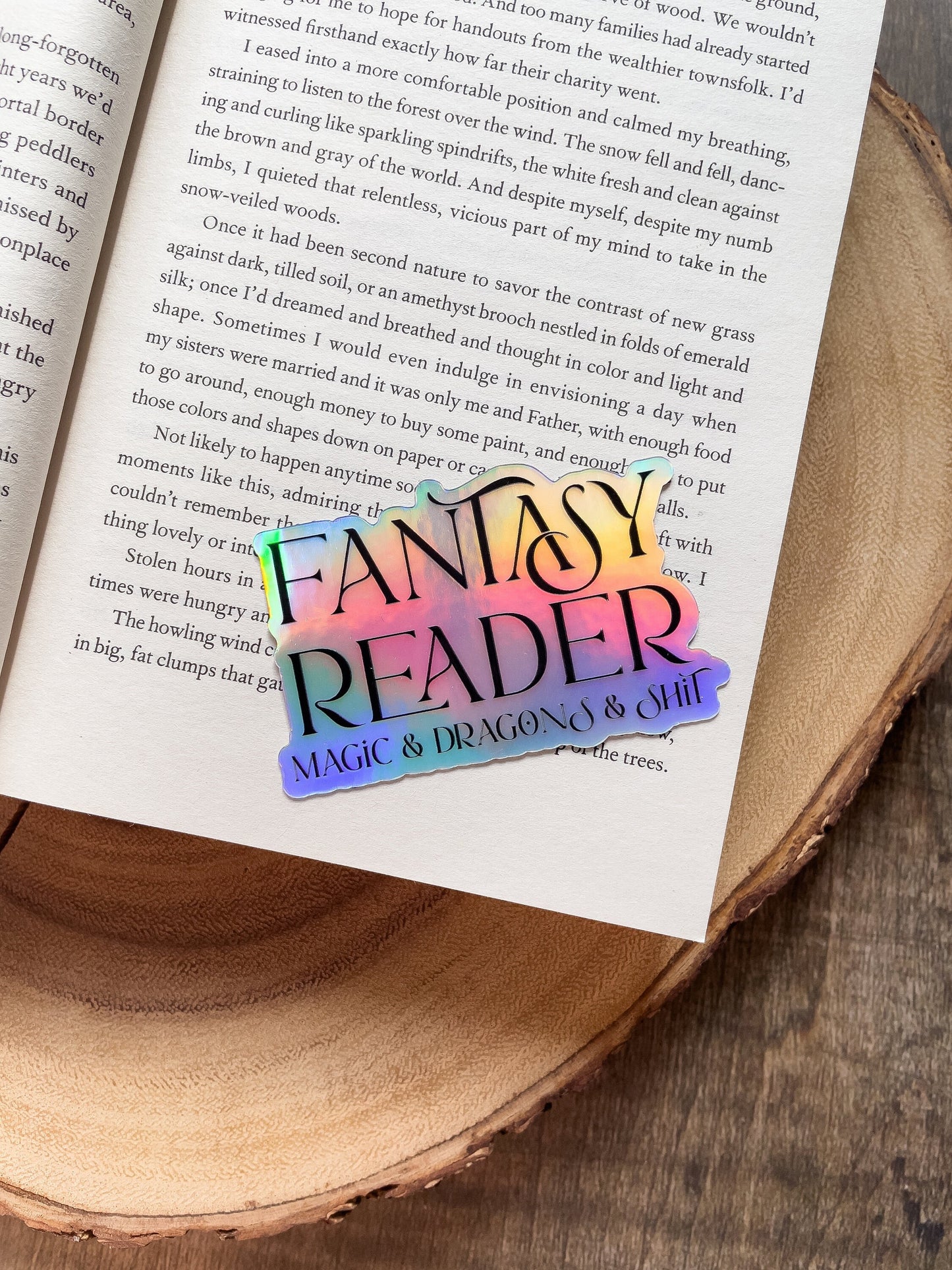 Fantasy Reader - Magic and  Dragons and Sh*t Holographic Waterproof Sticker | 3"x1.9"