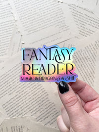 Fantasy Reader - Magic and  Dragons and Sh*t Holographic Waterproof Sticker | 3"x1.9"