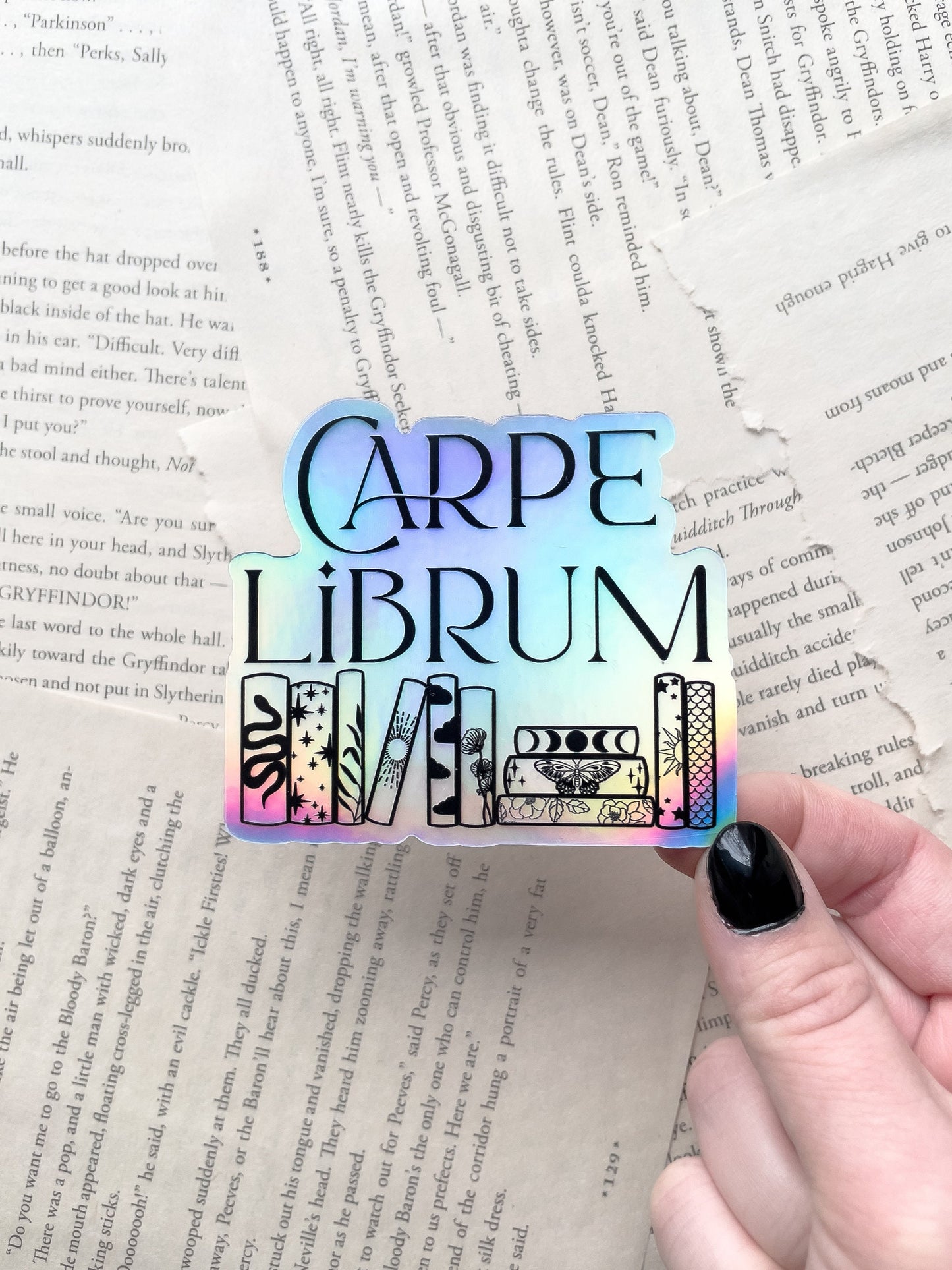 Carpe Librum | Seize the Book | Holographic Waterproof Sticker | Bookish Laptop Water Bottle Sticker | Reader Sticker | 3x2.7