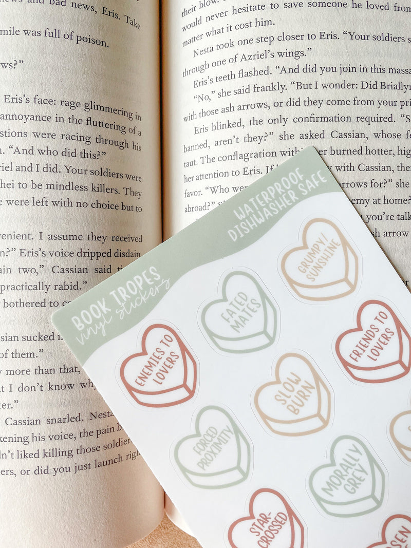 Bookish Book Trope Heart Sticker Sheet | Pastels | 9 Stickers | 6"x4"