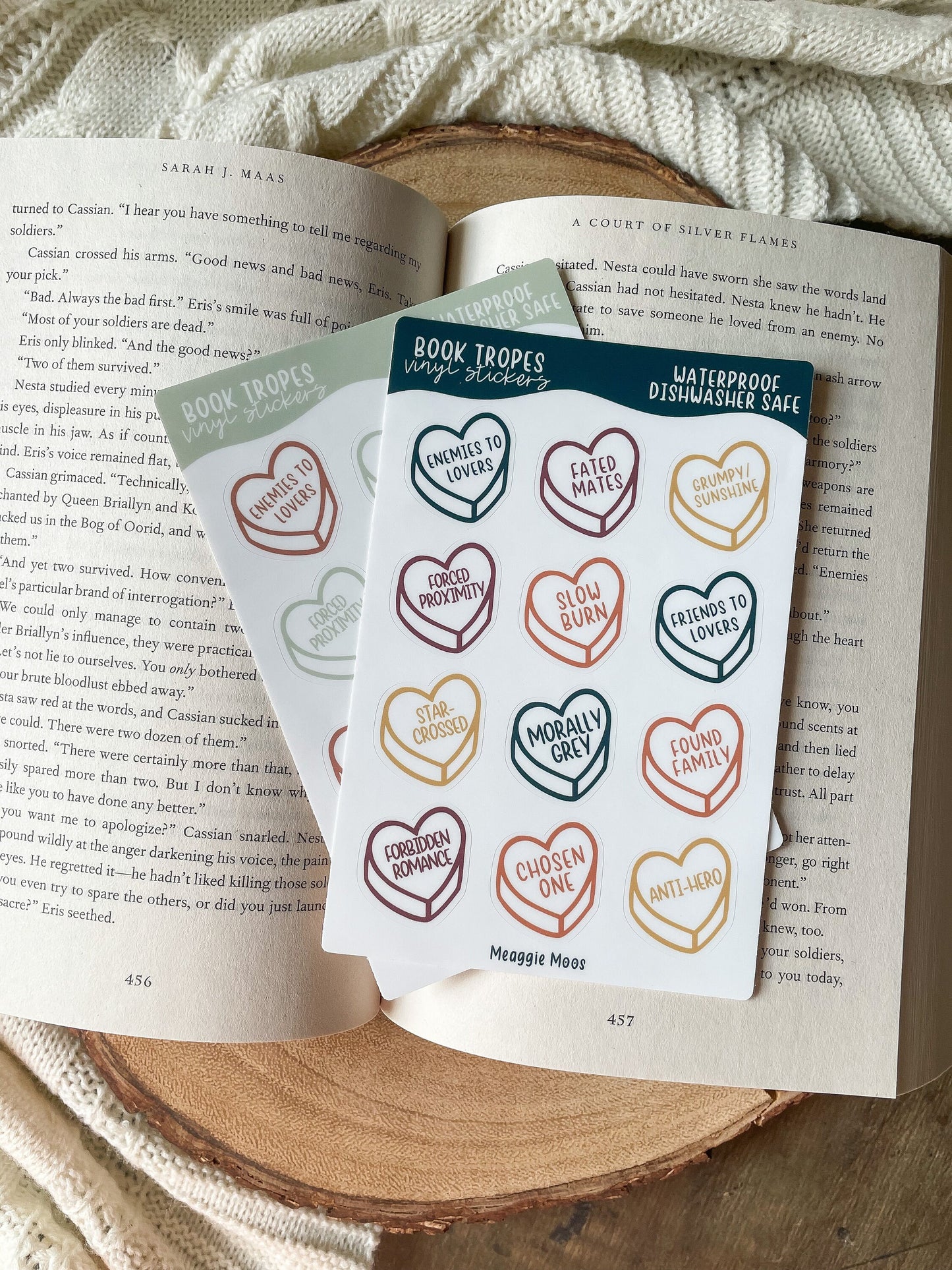 Bookish Book Trope Heart Sticker Sheet | Jewel Tones | 9 Stickers | 6"x4"