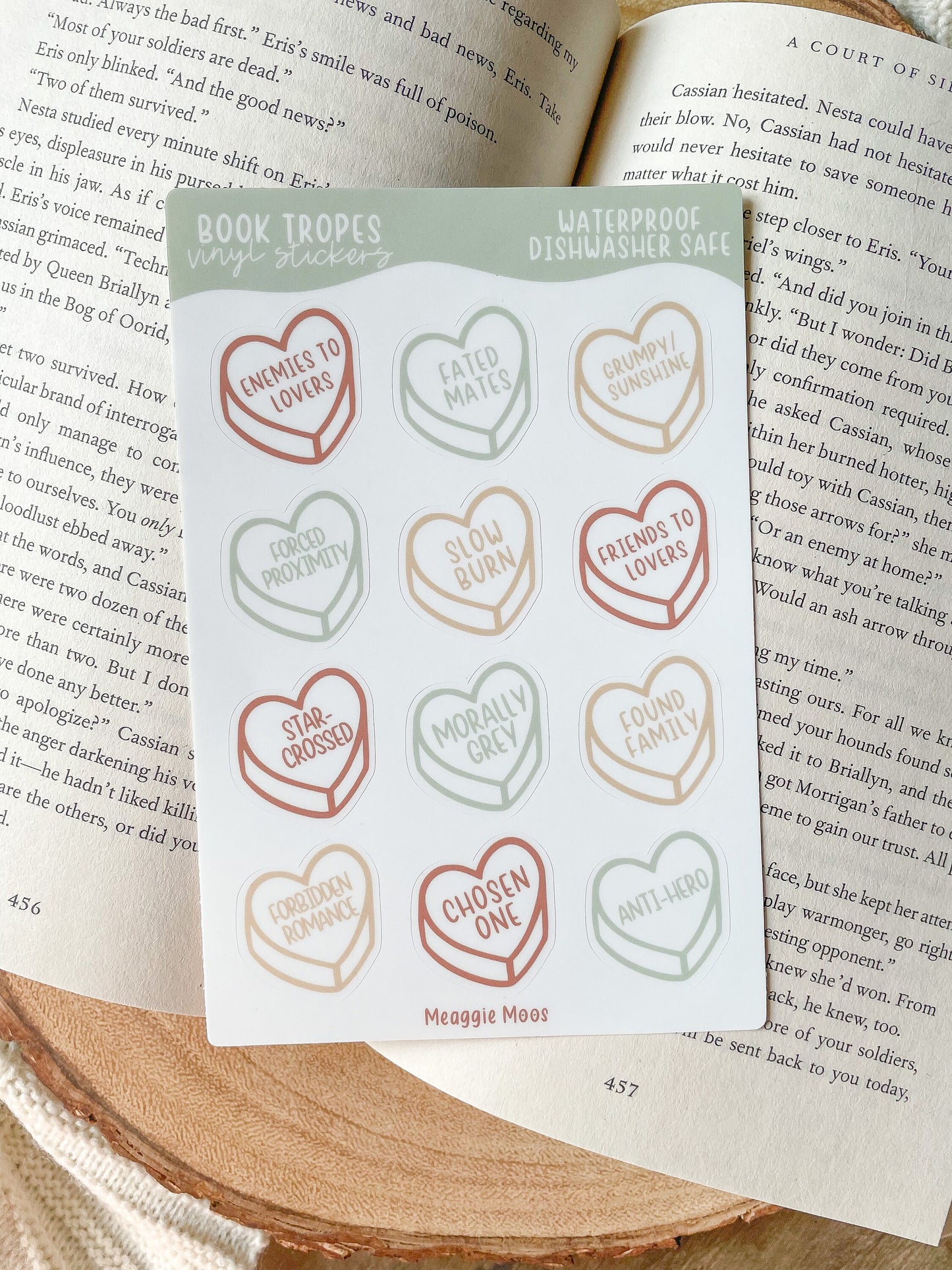 Bookish Book Trope Heart Sticker Sheet | Pastels | 9 Stickers | 6"x4"