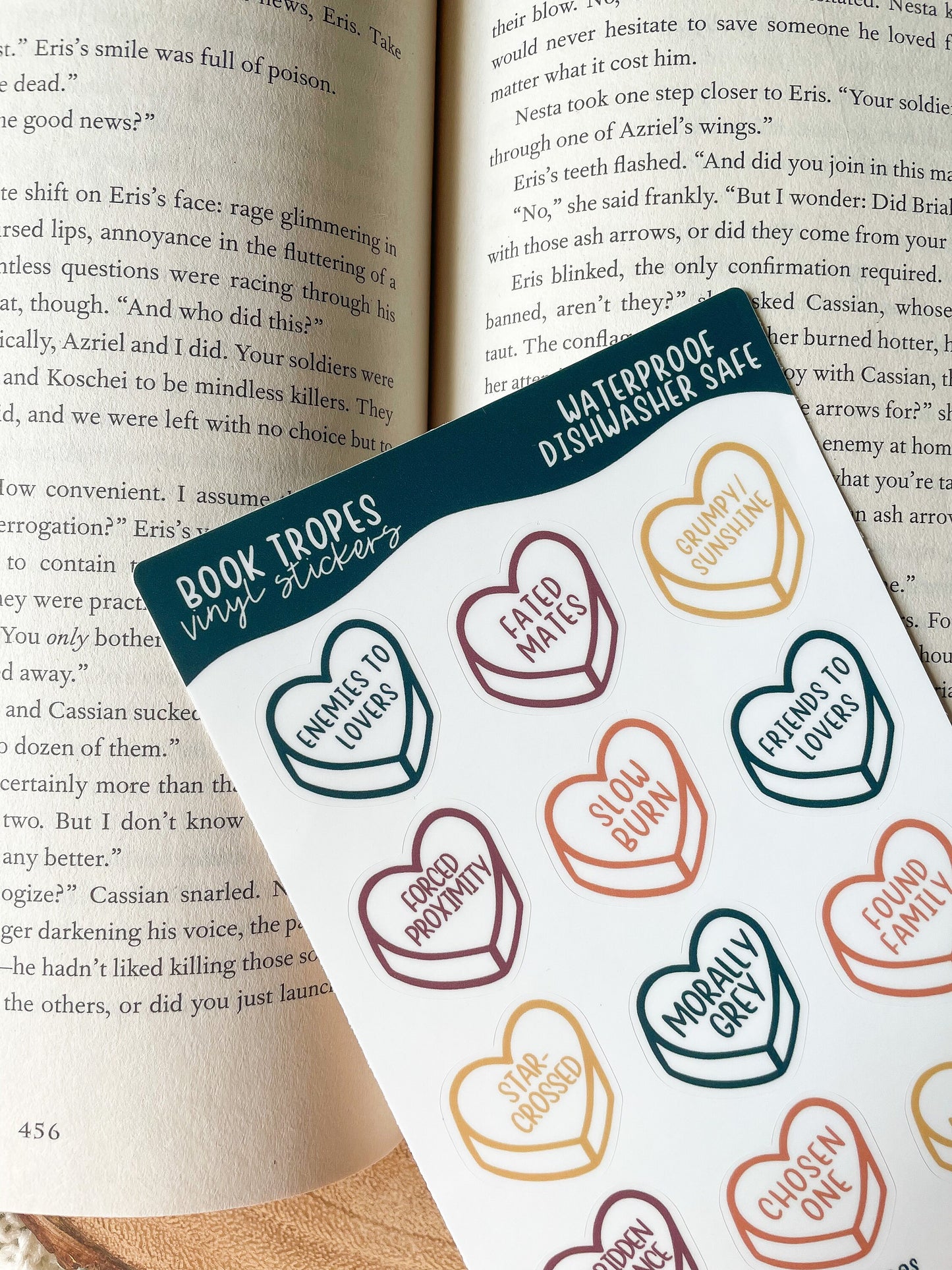 Bookish Book Trope Heart Sticker Sheet | Jewel Tones | 9 Stickers | 6"x4"