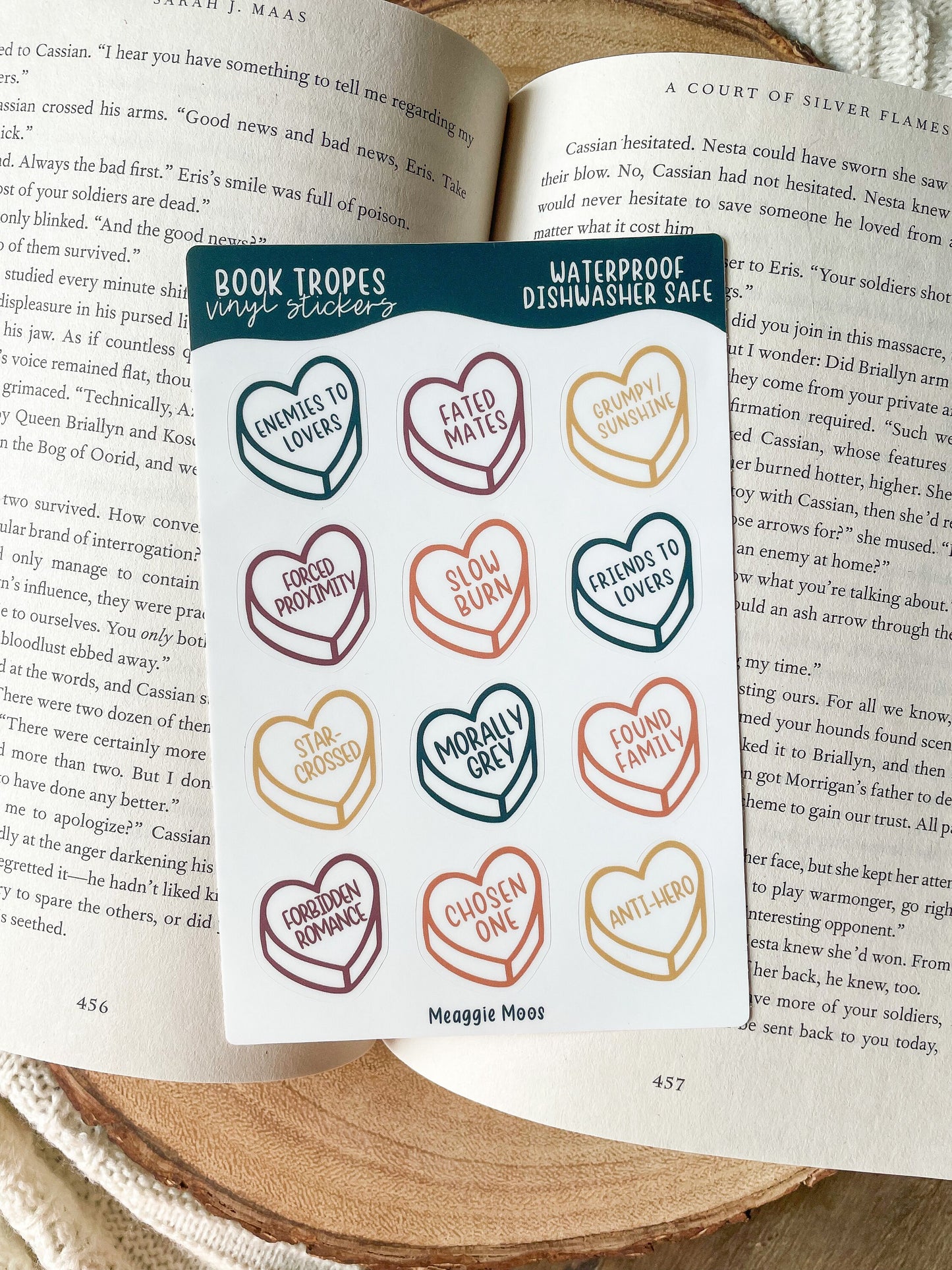 Bookish Book Trope Heart Sticker Sheet | Jewel Tones | 9 Stickers | 6"x4"