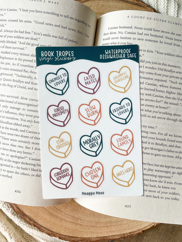 Bookish Book Trope Heart Sticker Sheet | Jewel Tones