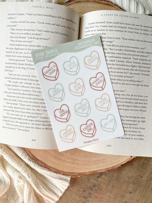 Bookish Book Trope Heart Sticker Sheet | Pastels | 9 Stickers | 6"x4"