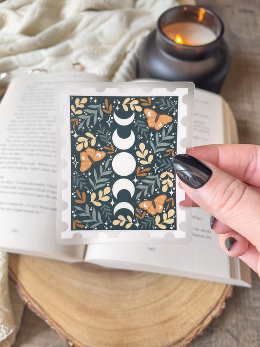 Floral Moon Phase Stamp Print Waterproof Sticker | 3”x2.5”