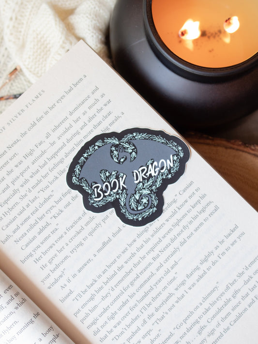 Book Dragon Sticker | Charcoal and Blue | 3x2.4